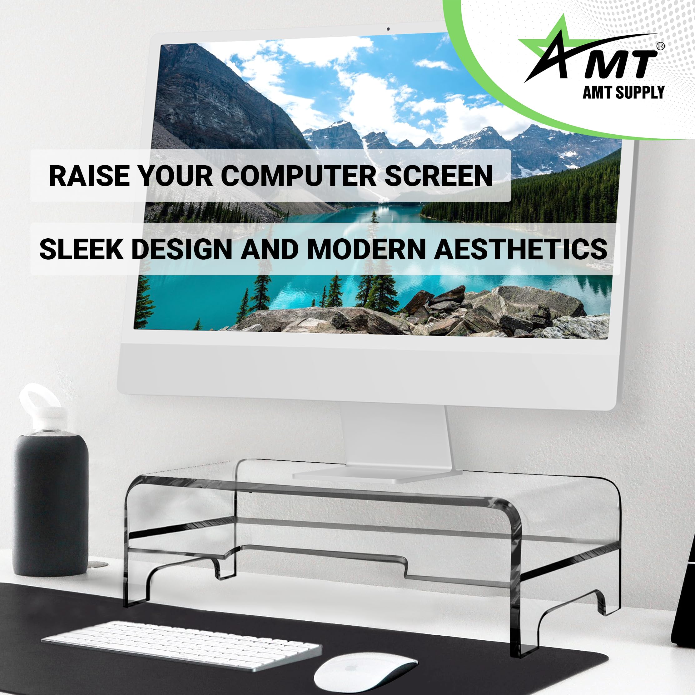 Amt 2 Tier 5.5 Inch High Amt Clear Acrylic Monitor Stand Riser Clear Computer With Cat Keyboard Protector, Space Saving Design,